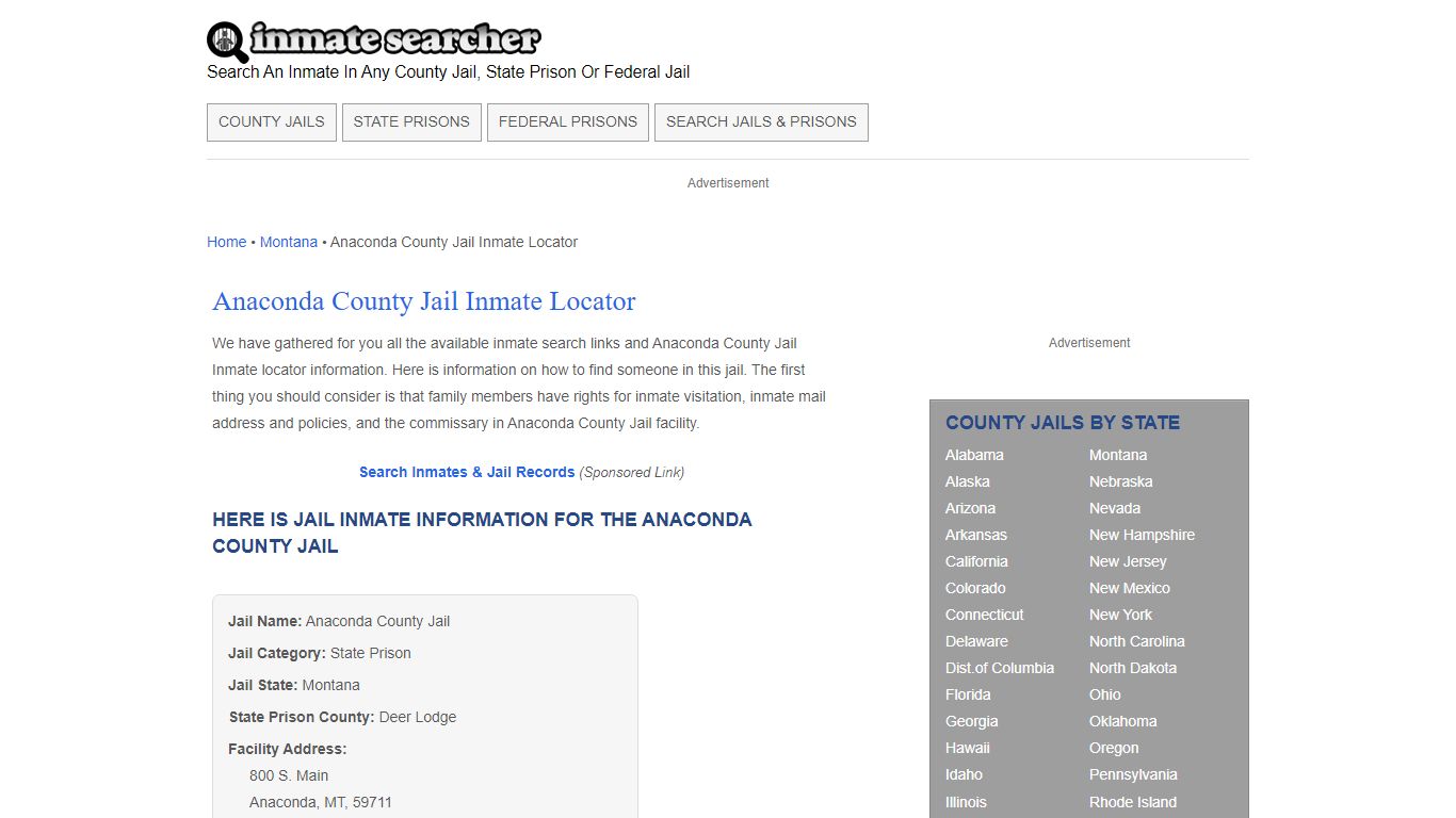 Anaconda County Jail Inmate Locator - Inmate Searcher